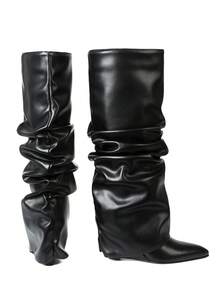 Shark Black Boots Women's Knee High Boots Solid Color Pointed Toe Fold Over Boots Slouchy Wedges High Heels Shoes Wide Calf Easter Festival Fashionable Outdoor Party Boots Motorcycle Shoes - 黑色 - 查看 9