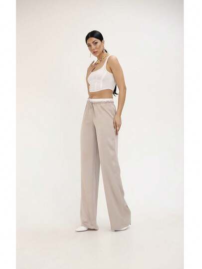 Damskie proste, luźne spodnie z wysokim stanem i szerokimi nogawkami, ściągane sznurkiem, 6338-25