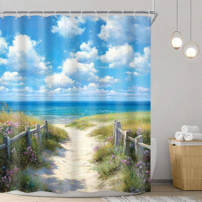 Ocean Beach Shower Curtain, Blue Sky White Cloud Seaside Beachy Nature Hawaiian Scenery Path Floral Flower Plant Botany Bathroom Decor Polyester Waterproof Hooks