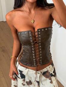 GLOpass Y2K棕色仿皮系带露脐抹胸上衣，镂空弧形下摆，金属孔眼装饰，修身露脐上衣，适合夜店、音乐节、演唱会、锐舞派对、万圣节、约会之夜等休闲夏季场合。 - 咖啡棕 - 查看 4