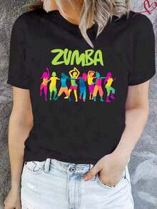 Camiseta de Algodón con Estampado para Mujer, Top Casual de Manga Corta con Cuello Redondo, Tallas S-, Camiseta con Gráficos de Baile Coloridos, Corte Holgado, Ropa Deportiva de Verano, Camiseta para Ejercicio, Moda Urbana, Camiseta Básica Cómoda - Negro - Ver 1