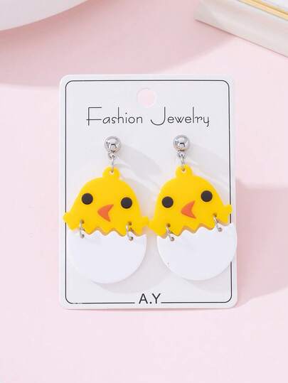 1 Pair Easter Chick Hatching Print Design Fashion Earrings For Women, Suitable For Holiday Parties And Gifts