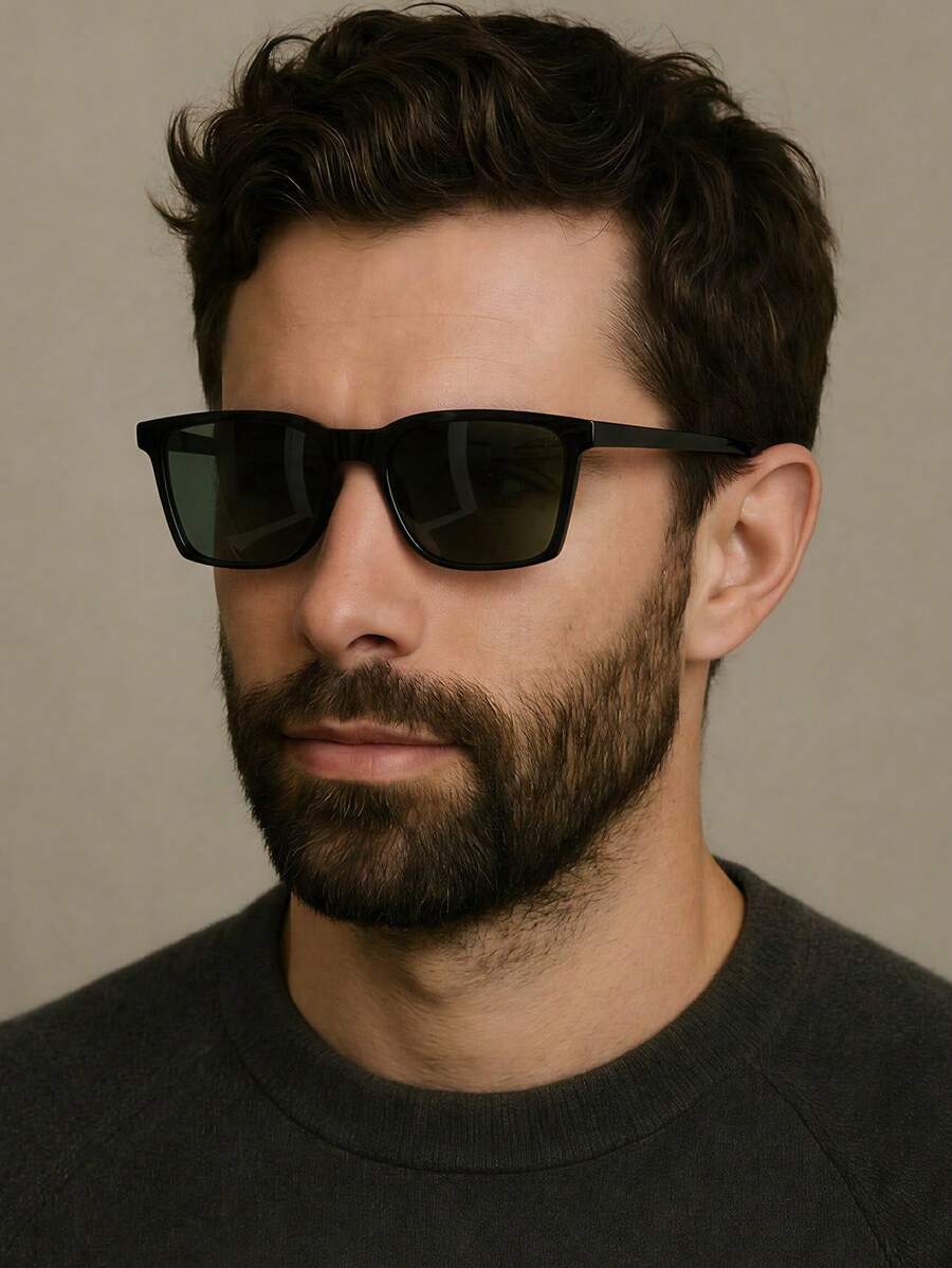 1 Pair Men's Black Square PC Frame Minimalist Solid Color Fashionable Streetwear Fashion Glasses - Sand Black - View 1