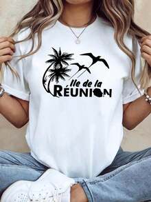 Camiseta de Mujer de la Isla de la Reunión, Francia - Estampado de Palmera y Pájaro, Manga Corta con Eslogan de la Isla, Ropa Casual de Playa para Vacaciones de Verano, Ajuste Relajado para Viajes de Primavera/Verano - Multicolor - Ver 1