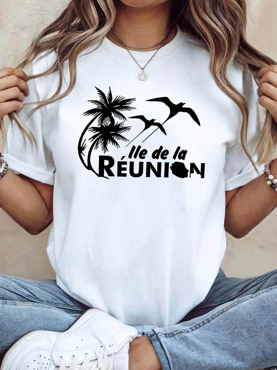 Camiseta de Mujer de la Isla de la Reunión, Francia - Estampado de Palmera y Pájaro, Manga Corta con Eslogan de la Isla, Ropa Casual de Playa para Vacaciones de Verano, Ajuste Relajado para Viajes de Primavera/Verano - Multicolor - Ver 1