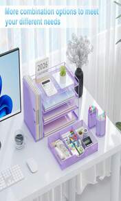 Gianotter Desk Organizers And Accessories With File Holder, 4-Tier Desk Accessories &Amp; Workspace Organizers With Drawer And 2 Pen Holder, Paper Organizer For Office Supplies (Purple) - ColorG - 查看 3