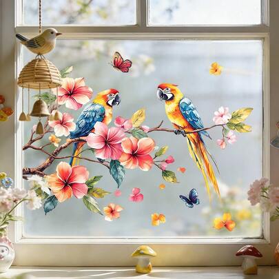 1/2pcsHummingbird And Parrot Window Stickers Static Glass Clings Non Adhesive For Kitchen Bathroom Decor Spring Flower Butterfly Design Anti UV Window Film Reusable Decal