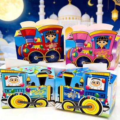 Hộp quà kẹo Ramadan hình tàu hỏa dễ thương, 4 chiếc/8 chiếc/12 chiếc, hộp quà nhỏ trang trí tiệc sáng tạo, có thể tái sử dụng, hộp đựng kẹo, hộp đựng đồ ăn nhẹ, hộp quà nhỏ dành tặng bạn bè và bạn học.