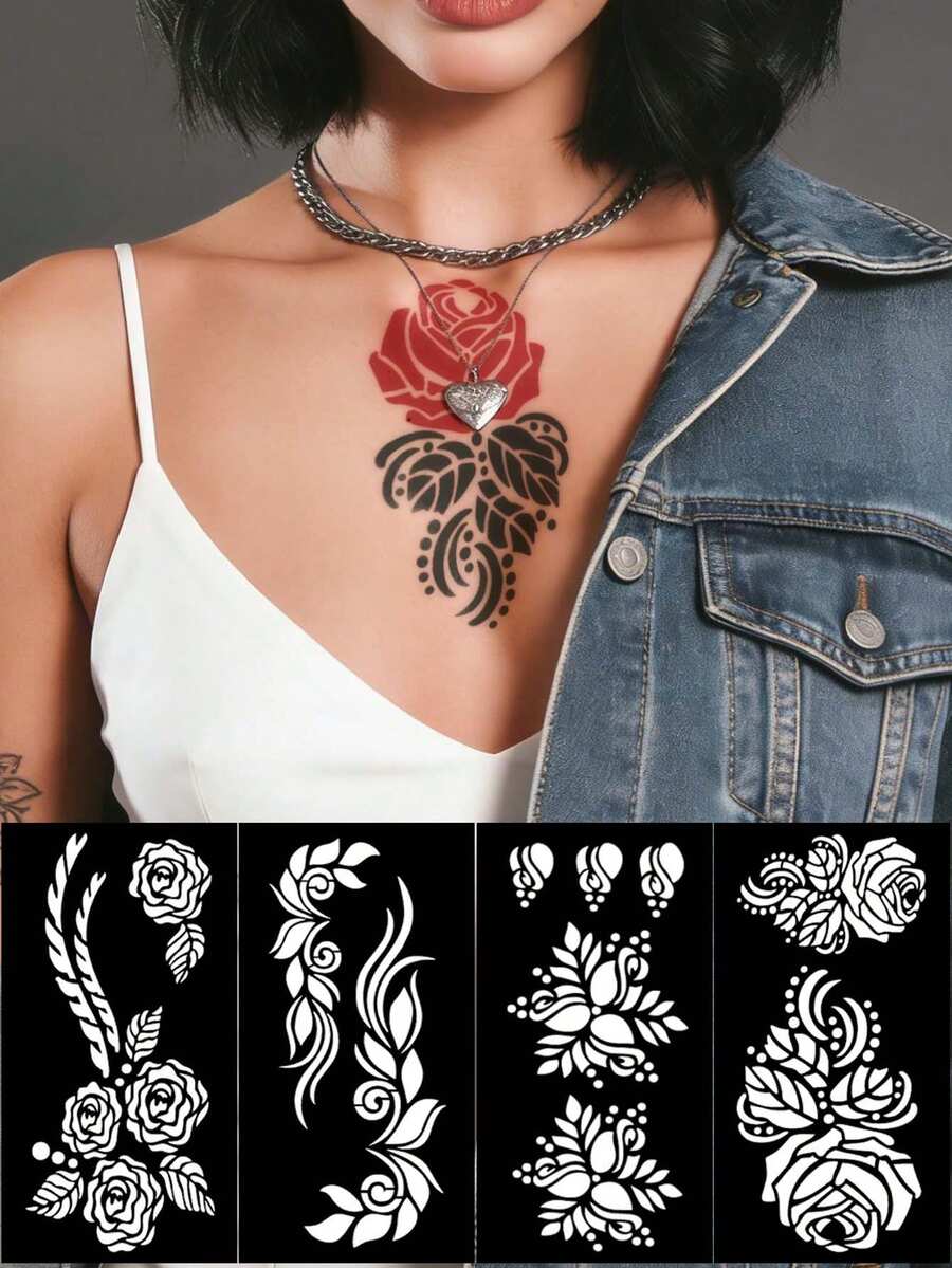 Plantilla de tatuaje hueco hecho a mano Hana - Patrón de flor de rosa para arte de uñas - Diseño floral sexy, adecuado para manos, pintura DIY, tinta, pegatinas de plantilla de mandala reutilizables, apto para maquillaje de fiesta corporal de mujeres - Negro - Ver 1