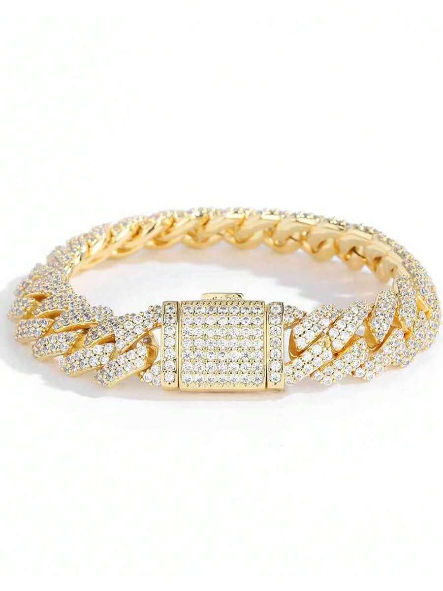 1条镀金水钻12毫米菱形锆石手链，嘻哈链闪亮情侣手链，翻盖扣 - 金色 - 查看 1