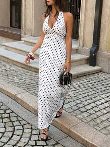 女士夏季低领系带露背拉链波点面料性感优雅连衣裙，适合约会、度假、派对、晚宴、情人节、生日等场合。 - 白色 - 查看 8