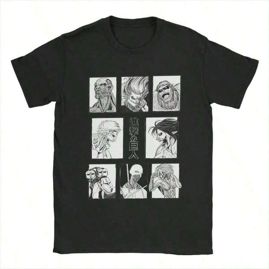 Attack On All Titans T Shirts Men Pure Cotton Casual T-Shirt Crew Neck Tee Shirt Short Sleeve Tops Summer - 黑色 - 查看 1