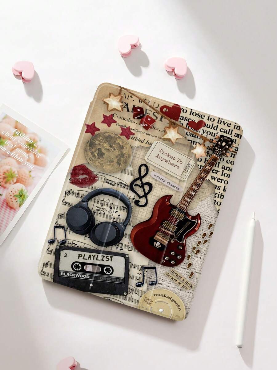 1个复古音符吉他图案平板电脑保护套，三折支架保护壳，兼容10.2/12.9英寸Pro 11（2021/2020/第十代/A16）、11英寸第十一代（2025）、Galaxy Tab A8 10.5英寸（2022）、Matepad 10.4/Tab等，带笔槽，防摔，保护您心爱的设备，浪漫情人节礼物