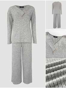 ChicMe 2pcs Women Cotton Ribbed V-Neck Long Sleeve Sweater + Elastic Waist Straight Pants, Daily Fashion Outfit - Light Grey - View 5