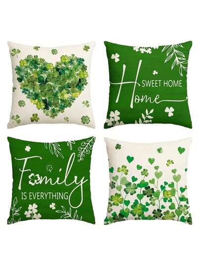 4et Of 4 St. Patrick'S Day Decorative Pillow Covers Featuring Clovers And Hearts, Measuring 17.7x17.7 Inches, Perfect For Adding A Shamrock Touch To Your Sofa Or Couch, Celebrating Family.
