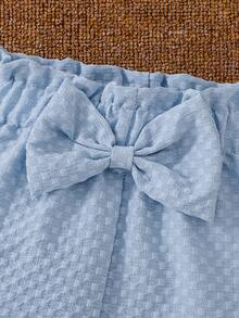 2pcs/Set Young Girl' Blue Strap Top With Buttons And Bow Shorts, Casual Summer Outfit - Mint Blue - View 6