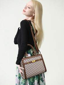 3pcs Set Plaid PU Leather Handbag, Shoulder Bag, Elegant Tote Bag, Large Capacity, Versatile For Women Daily Use - Grey - View 2