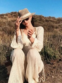 女士春夏新款波西米亚风高端设计小众流苏镂空针织套装短裤外套搭配阔腿裤 - 杏色 - 查看 6