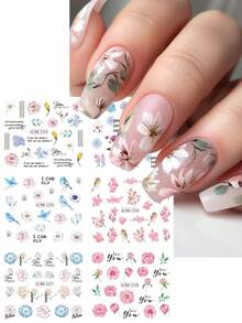 12pcs/Sheet Pink, Blue, Green Floral Water Decals, Spring Nail Art Stickers With Sakura, Peony, Hibiscus, Butterfly, Bird Patterns Nails - Multicolor - View 3