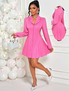 AIJ Amarilo Women's Pink V-Neck Notched Lapel Long Sleeve Belted Pleated Hem Blazer Dress – Perfect For Valentine's Day Outfit, Wedding Guest Attire, Carnival Costume & Spring/Summer Night Party Elegant - Pink - View 5