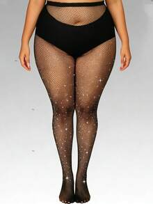 2pcs Women's Rhinestone Embellished Black Fishnet Tights, Stretchy Skinny Mesh Stockings, Shiny Clubwear Goth Fashion Versatile - Black - View 6
