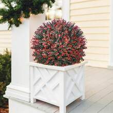 2 Pack Faux Boxwood Topiary Ball Trees For Outdoor UV Resistant,24\ Artificial Plants Bushes Cedar Tree With Spikes,Fake Shrubs For Outside Yard Porch Indoor Garden Decoration-Red - 深紅色 - 查看 4