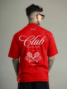 DMUNIZ Streetwear Oversized T-Shirt, High Neck, Tennis Club, New Release, 100% Cotton - 紅色 - 查看 4