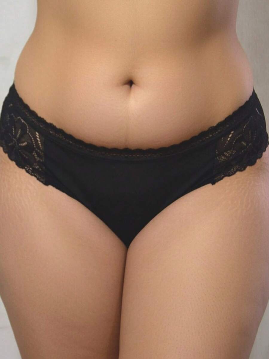 Calcinha 3 Lacinhos Fio Plus Size Renda Luxo Lingerie Sexy Dia A Dia CPS3L021 - Preto - Visão 1