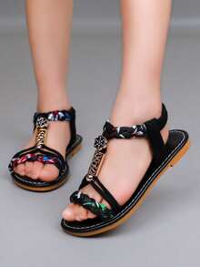 1 Pair Girls Sandals, 2026 New Outdoor Walking Shoes, Bohemian Style Woven Strap Versatile Girls Flat Sandals, Suitable For Daily, School, Shopping, Travel, Beach - Black - View 5