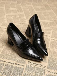 2026 Spring New Women's Shoes, Pointed Toe Fashion Elegant Retro Leather Pumps, Chunky Heel Hoof Heel Casual Commute Slimming Chic Black, Burgundy - Black - View 4