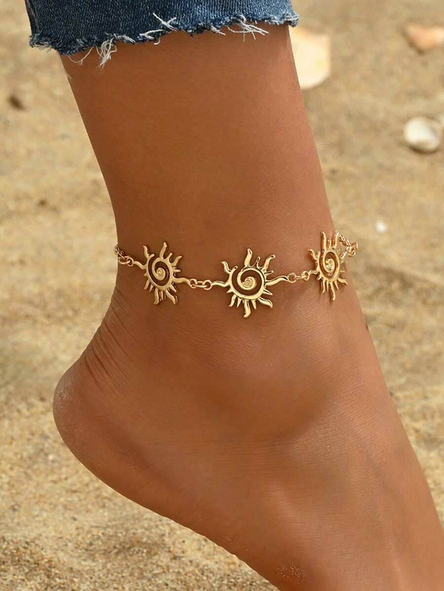 1件夏季海滩度假金色太阳装饰金属脚链，时尚饰品，适合女性日常佩戴、海滩旅行和约会 - 彩色 - 查看 1