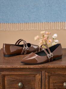 女士时尚棕色尖头套脚鞋，适合通勤、办公、派对、约会、婚礼、新年、情人节等场合，休闲百搭，优雅玛丽珍鞋款，双扣带设计，春季新品上市 - 棕色 - 查看 6