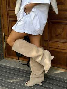 Women's Knee High Boots Peep Toe Slouchy Wedges High Heels PullOn Party Dress Fall Winter Suede Long Boots For Woman Party Shoes - 杏色A - 查看 7