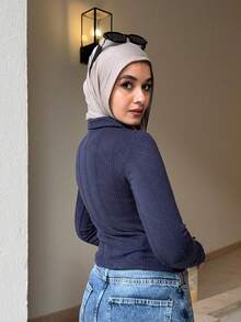 Livesso Autumn New Arrival Women's Collared Fitted Textured T-Shirt Long Sleeve Women Tops - Navy Blue - View 4