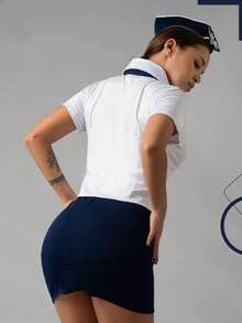 新款派對空服員/警察角色扮演海軍制服4件套（帽子、領帶、襯衫、裙子），情人節、聖誕夜店表演女裝扮套裝 - 白色 - 查看 2