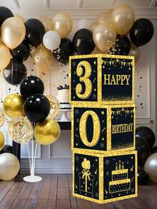 27厘米黑金数字0-9生日装饰盒，黑金生日派对背景装饰，适用于18岁、30岁、40岁、50岁、60岁、70岁、80岁生日派对装饰，生日派对背景堆叠盒，家居装饰，房间装饰，生日派对用品，生日拍照道具，生日礼物包装盒，生日礼物，派对小礼品 - 黑金生日盒 - 查看 2