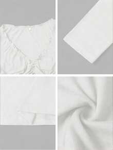 Áo dệt kim dài tay màu trắng dành cho nữ mùa hè, cổ chữ V gợi cảm, thiết kế bèo nhún cài nút, dáng ôm eo. - trắng - Xem 12