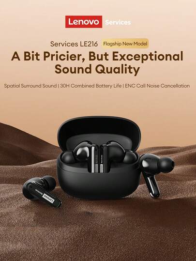  Lenovo LE216 Bluetooth Earbuds, True Wireless Bluetooth 6.0, Stereo Sound, ENC Call Noise Cancellation, Long Battery Life, Suitable For Sports, Gaming, Music, Comfortable Silicone Eartips, Compatible With Smartphones & Computers, Great Gift