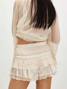 Womens Layered Frilly Ruffle Micro Lolita Bloomers Y2k Low Rise Satin Shorts Lace Fluffy Shorts - White - View 2