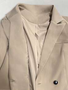 Women's Spring/Autumn Casual/Office Elegant Solid Color High-Quality Lined Double-Breasted Long Sleeve Blazer And Pleated Mini Skirt Suit Set - Khaki - View 4