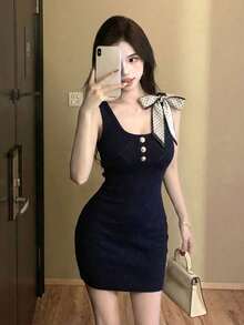 Spring/Summer New Bow Tie Strap Bodycon Knit Dress, Waist Cinching Design, Minimalist Sexy Mini Skirt - Royal Blue - View 5
