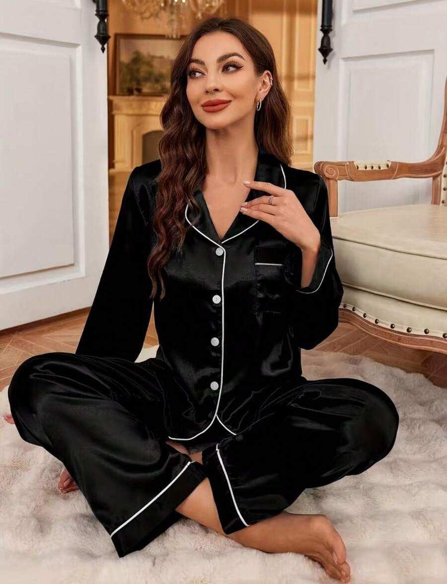 Plain Satin Pajamas With A Silky Touch, Button-Down Shirt, Pocket, Long-Sleeved Pants, American-Style Lapel. - 黑色 - 查看 1