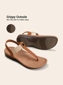 Women's Arch Support T-Strap Sandals Comfortable Orthotic Flat Sandals Thong Sandals For Casual Summer Walking - màu nâu - Xem 3
