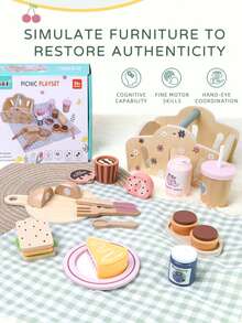 木制过家家面包糕点切割套装，儿童早教厨房玩具套装（带篮子），益智玩具 - 彩色 - 查看 9