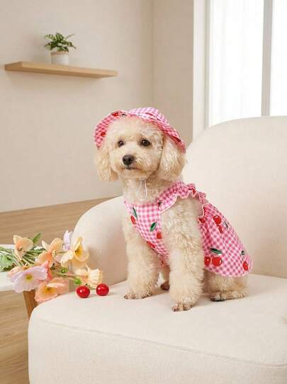 PETSIN Kitten & Puppy, Classic Blue Plaid With Cherry Print Hooded Dress Set For Dogs