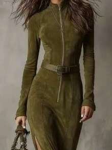 Women'S Elegant Full-Zip Collared  Dress - European & American Style Fall Winter Warmth, Round Neck Long Sleeve Full-Length Zipper Front, Solid Brown/Navy, Tailored Fit For Casual To Formal Events, Office & Party Outfits - Versatile All-Season,Ideal Gifts For Halloween And Christmas - 軍綠色 - 查看 2