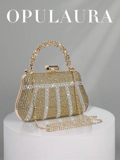 OpulAura 1件装金色奢华水钻装饰晚宴包，复古水钻点缀手提包，适合搭配女士正装，时尚优雅的正式场合手拿包，婚礼、派对的理想礼物，专为女性设计