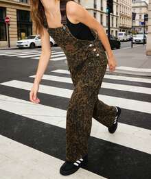 Women's Retro Leopard Print Loose Denim Overalls, Stylish Wide-Leg Pants With Multiple Pockets - 卡其色 - 查看 3