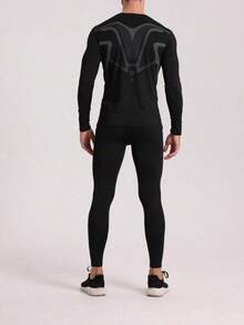 2pcs/Set Men's Fitness Suit, Elastic Quick-Dry Training, With Printed Pattern Long Sleeve Top And Long Pants, Suitable Fitness Training, Basketball, Running, Shaping, Outdoor Running, Riding, Mountaineering, Night Running, Casual Sports Wear Spring/Summer, Casual Outfit, 4 Season Wear, High Elasticity, Fast-Drying, Breathable - 黑色 - 查看 6