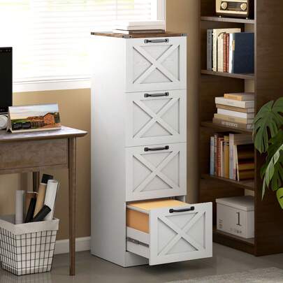 HOMCOM 4 Drawer File Cabinet With Silent Slides, Vertical Farmhouse Filing Cabinet With Adjustable Hanging Rails, Fits Letter/A4 Size, Printer Stand For Home Office, White